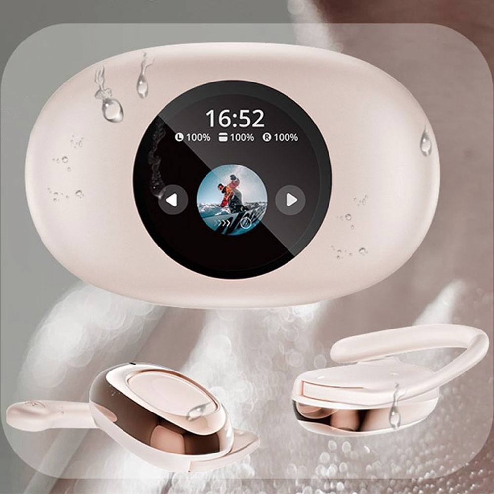 Stereo Open-Ear Bluetooth 5.4 Sport Kopfhörer mit Ohrbügel   Mikrofon und Ladecase mit Touch Display (IPX5) - Schwarz
