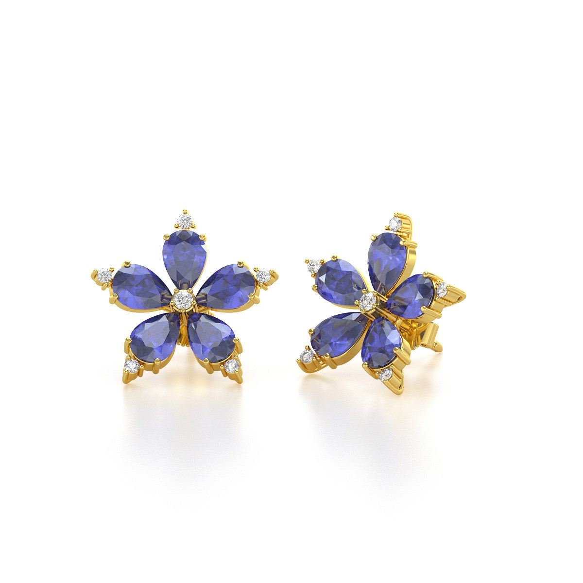 Boucles d'oreilles ADEN Or 585 Jaune Fleur Tanzanite et Diamants 4.52grs