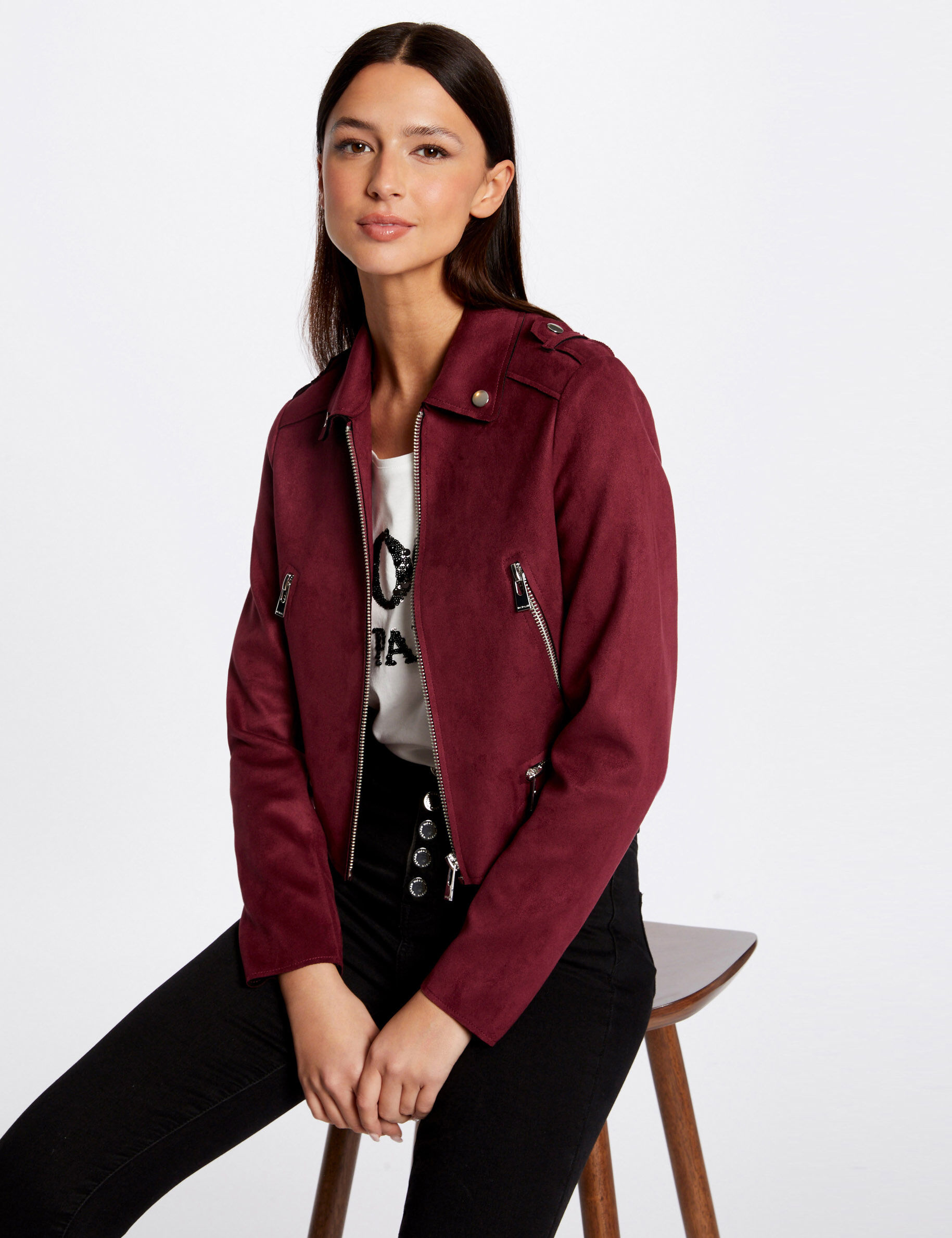 Blouson droit aspect suédine bordeaux femme - bordeaux