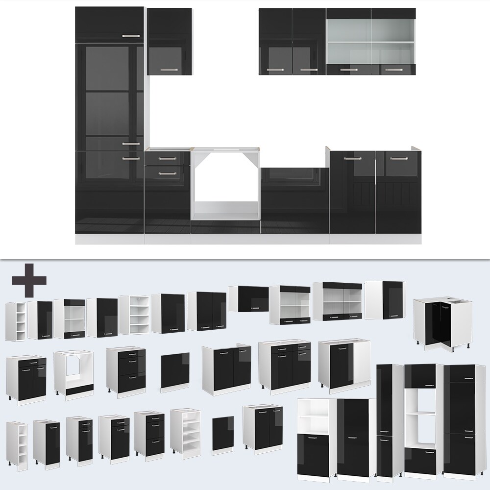 Vicco Küchenzeile R-Line Solid Weiß Schwarz 300 cm modern Küchenschränke Küchenmöbel