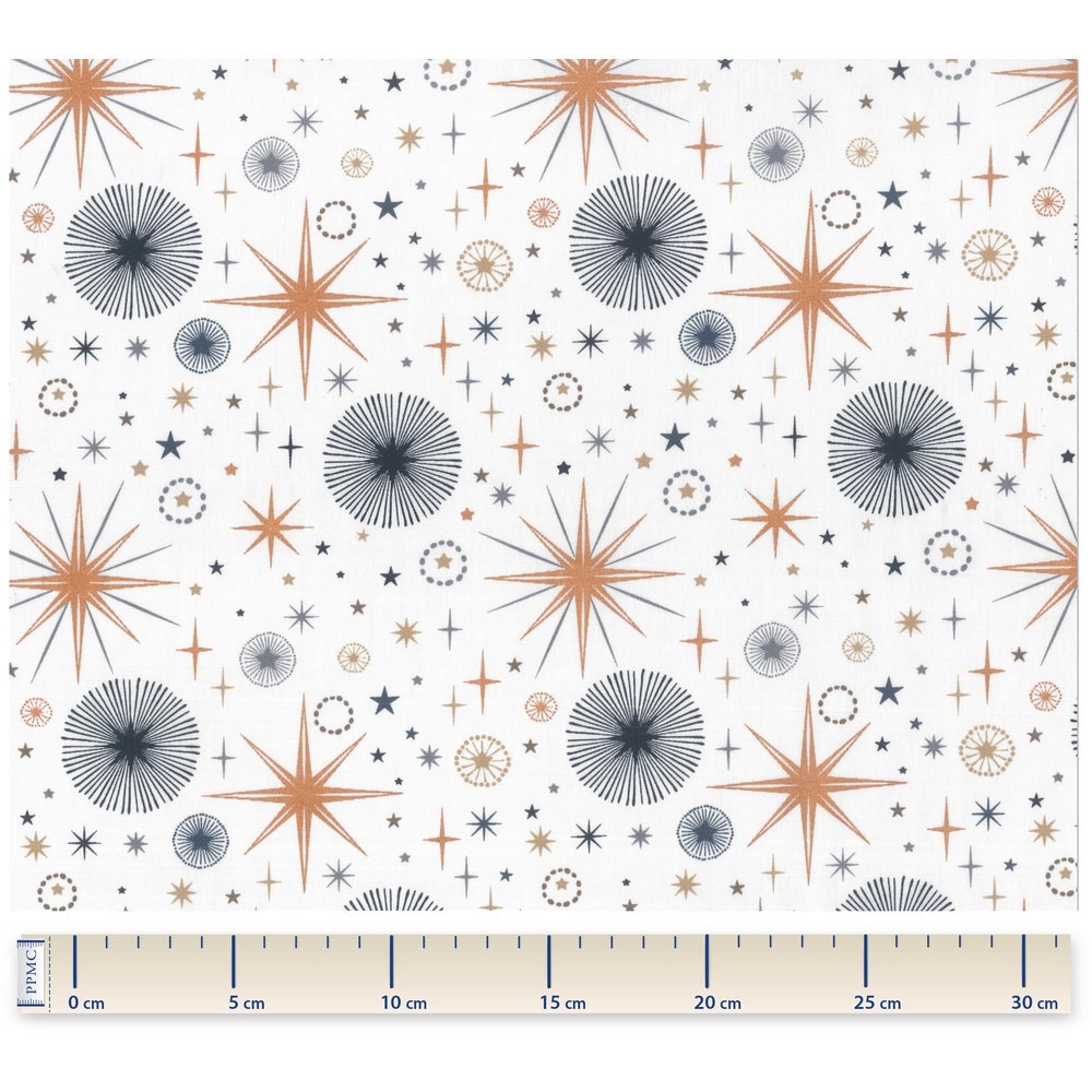 Coupon Tissu 50 Cm Etoiles Cuivrées Or Bleu Blanc Ex1104