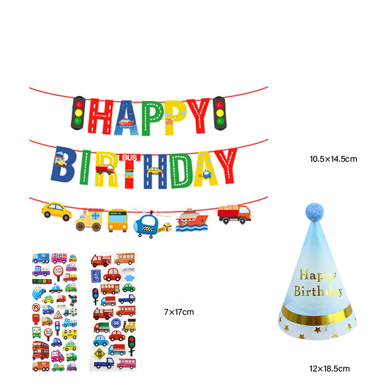 (13-tlg. Set) Happy Birthday Girlande Fahrzeuge Kinder Geburtstags Party Deko   Folienballons / Sticker - Bunt