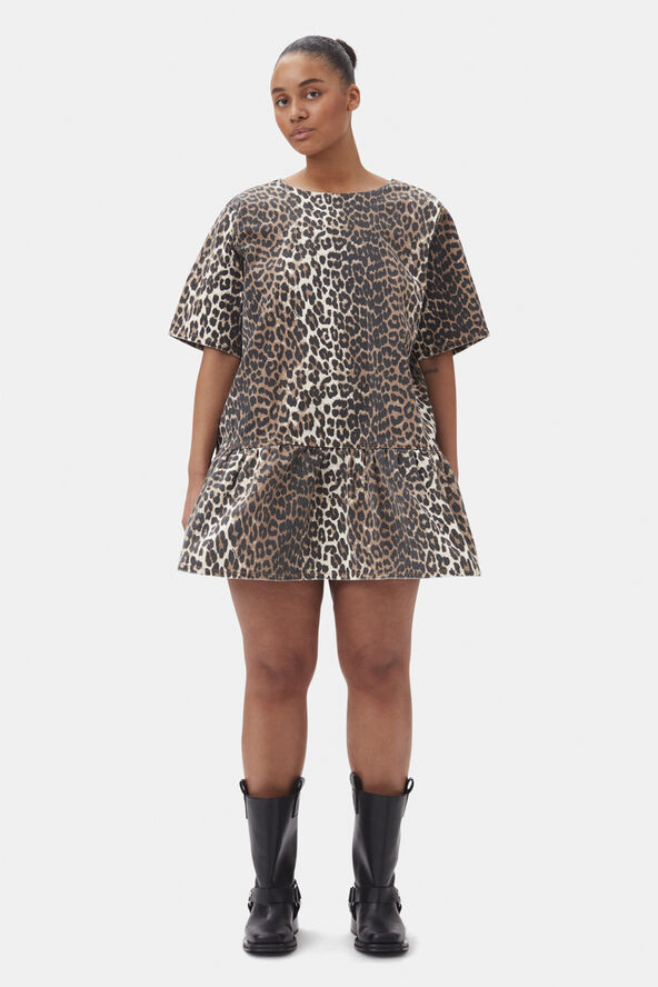 Ganni Print Denim Open-back Mini Dress Leopard