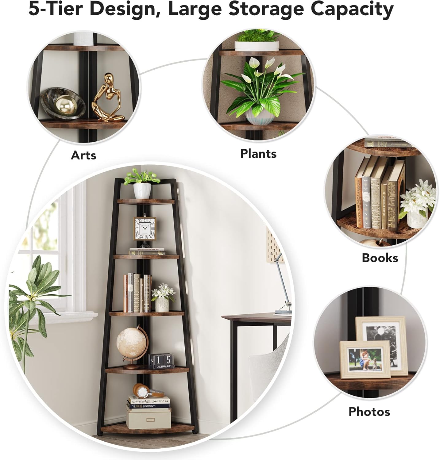Tribesigns Eckregal 5 Etagen, 176cm hoher Bücherregal, Eckregal Stehend Mehrzweck -Eckständer Display Rack, Pflanzenständer, Eckschrank für Wohnzimmer, Küche, Heimbüro
