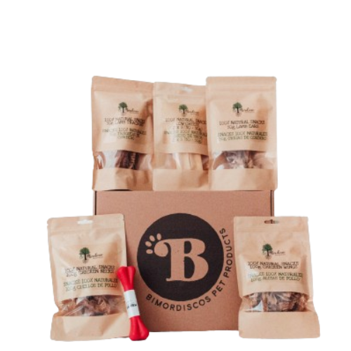 BIMORBOX Pequeno - Pacote de Petiscos e Brinquedos Naturais para Cães