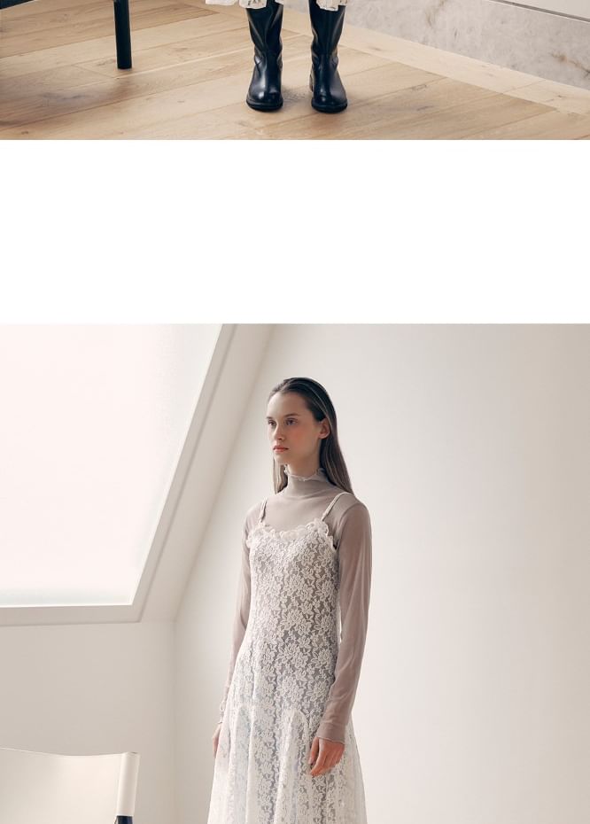 rolarola - Spaghetti Strap Godet Lace Long Dress (White)