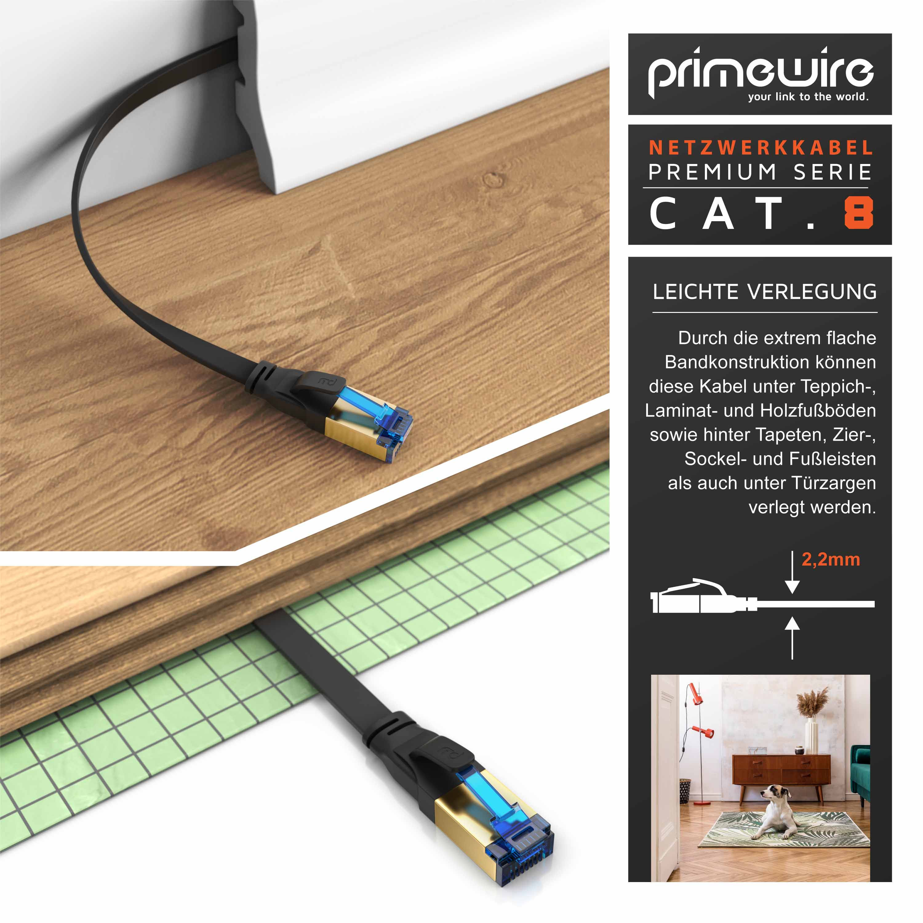 Primewire Flachbandpatchkabel CAT 8 - Gigabit Ethernet LAN Kabel - 40 Gbit/s - S/FTP PIMF Schirmung - Netzwerkkabel - 0,25m