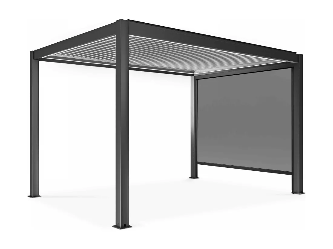 Pergola bioclimatique autoportée motorisée et éclairée 3x4m et 1 store