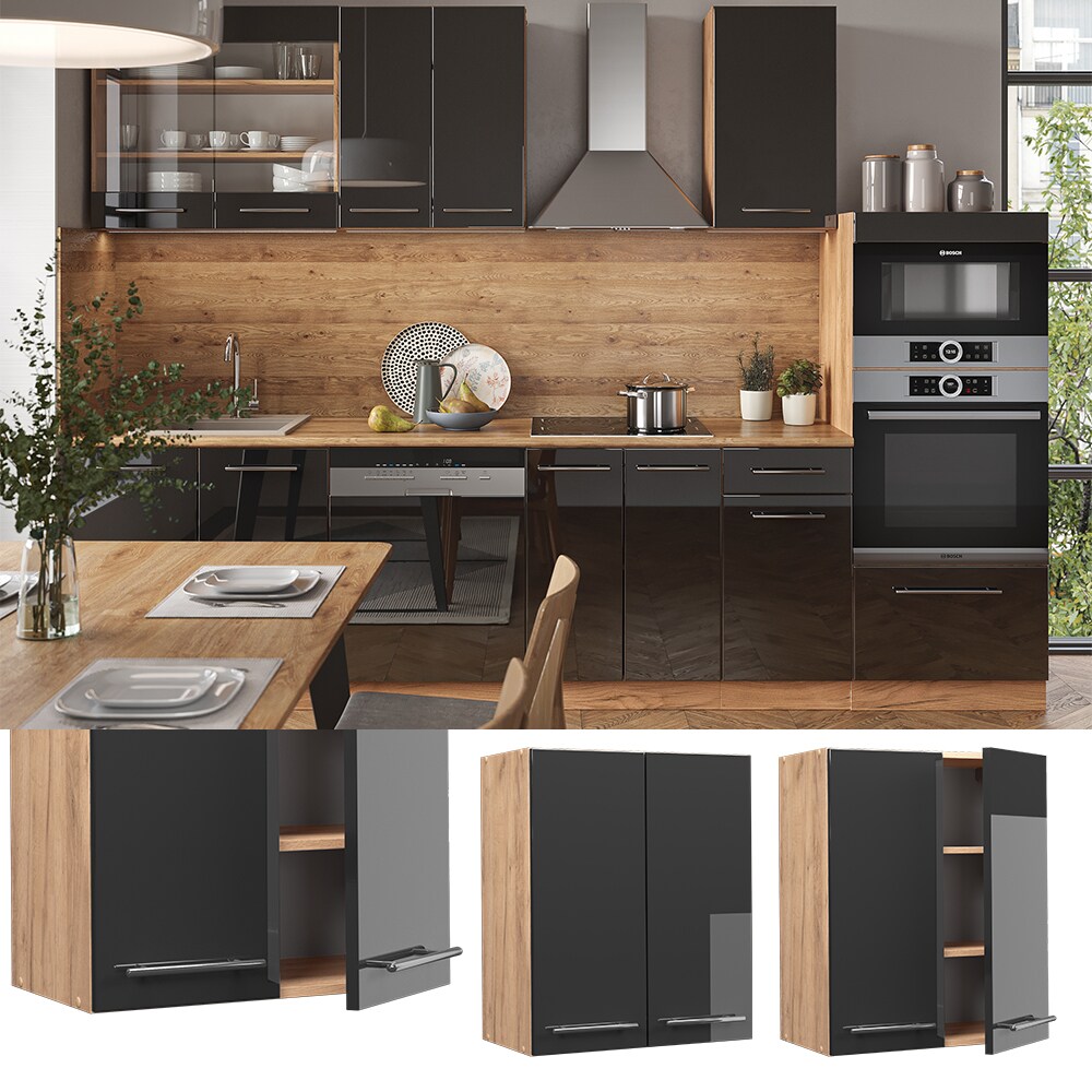 Vicco Hängeschrank Küchenschrank Küchenmöbel Fame-Line Eiche Anthrazit modern 60 cm Küche Einbauküche Hängeschrank Drehtür Einlegeboden Küchenzeile Hochglanz