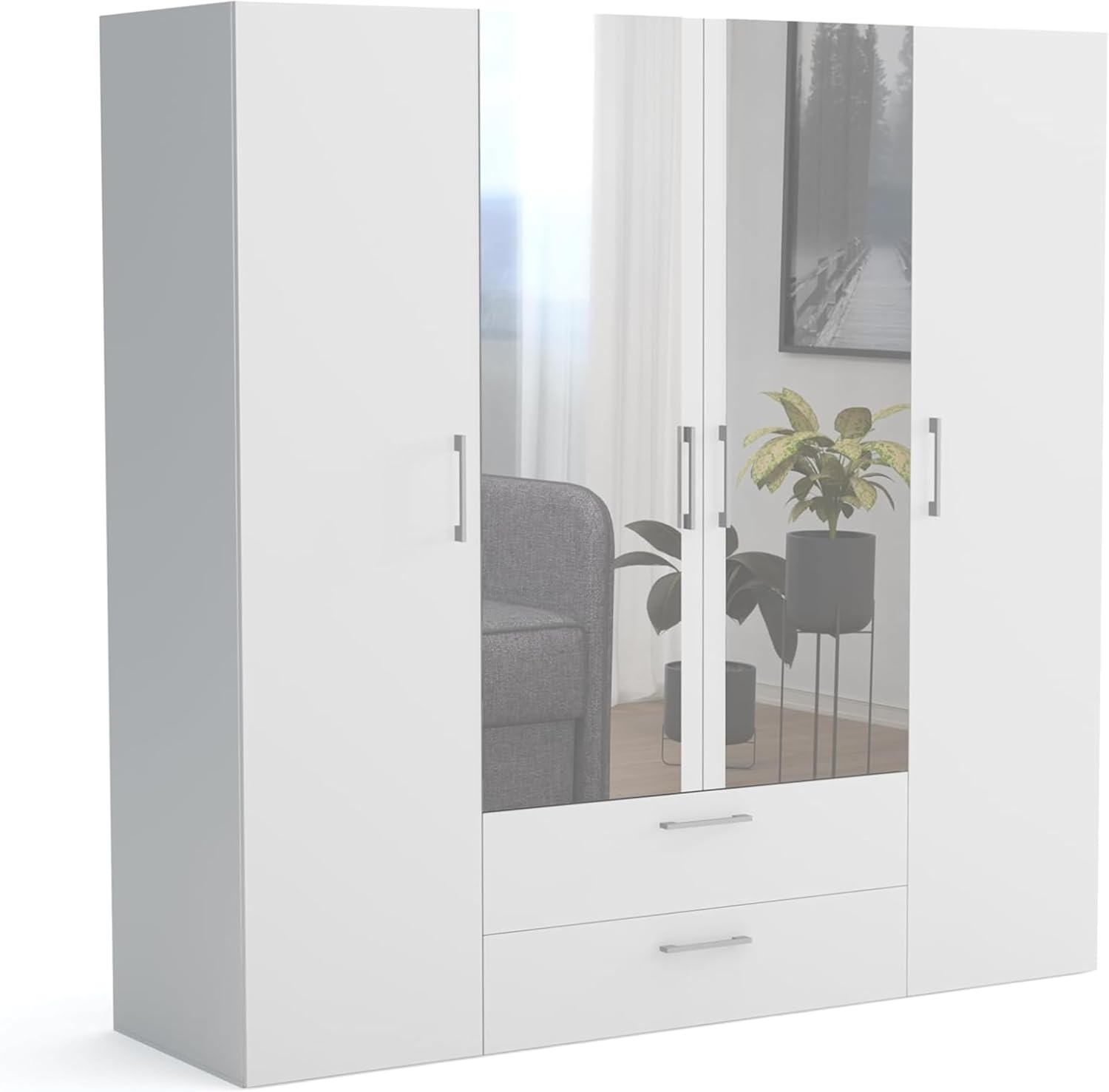 Brent - Kleiderschrank mit Spiegel, Garderobenschrank (BxHxT) 200x200x60 cm, Schrank mit Türen, Schlafzimmerschrank mit Regalen - Weiß