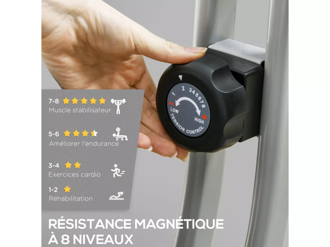 Vélo d'appartement pliant, vélo fitness silencieux vélo d'intérieur avec résistance magnétique à 8 niveaux, capteur de fréquence cardiaque, siège réglable, écran LCD et roulettes, gris
