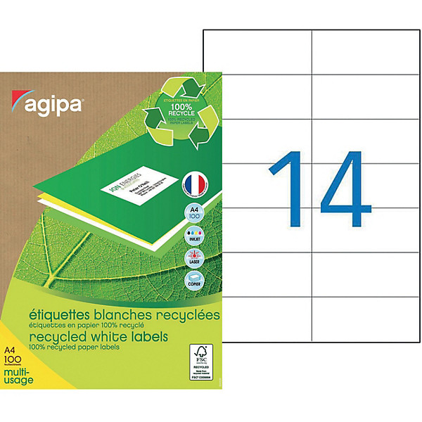 AGIPA 101191 Etiquettes blanches recyclées multi-usage 105 x 42,2 mm - Boîte de 1400