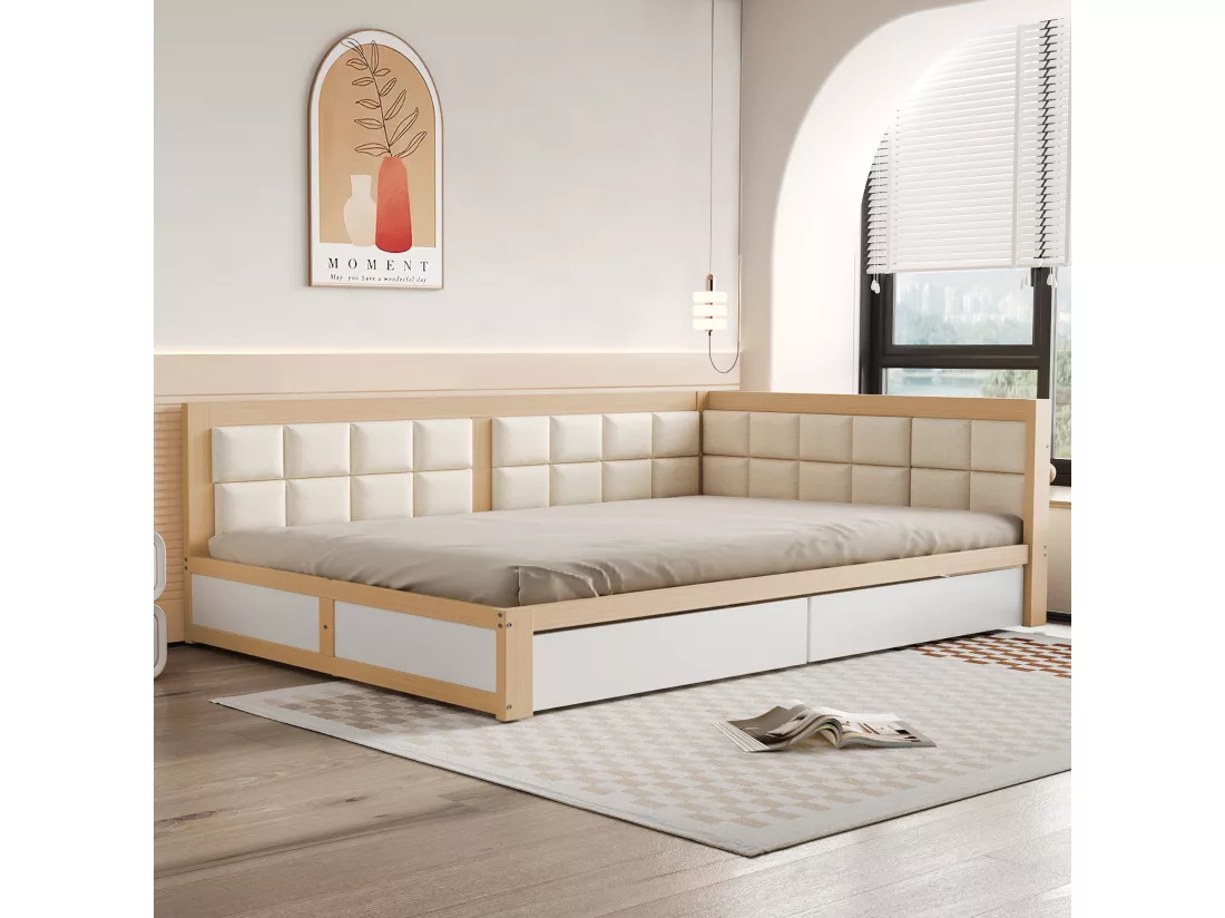 Lit banquette rembourré 140x200cm - avec 2 tiroirs et sommier à lattes - Naturel & Blanc