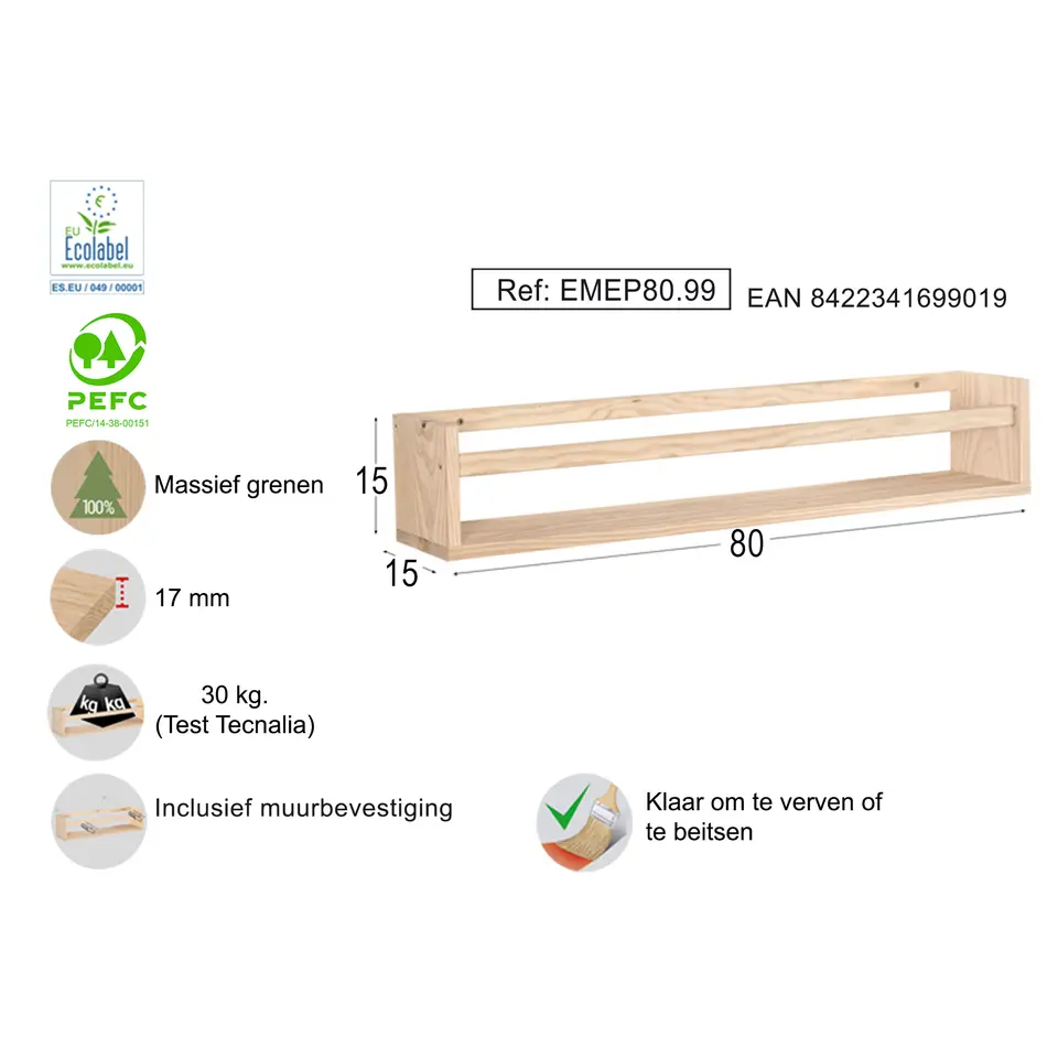 Astigarraga Wandplank - 80cm - PEFC grenen