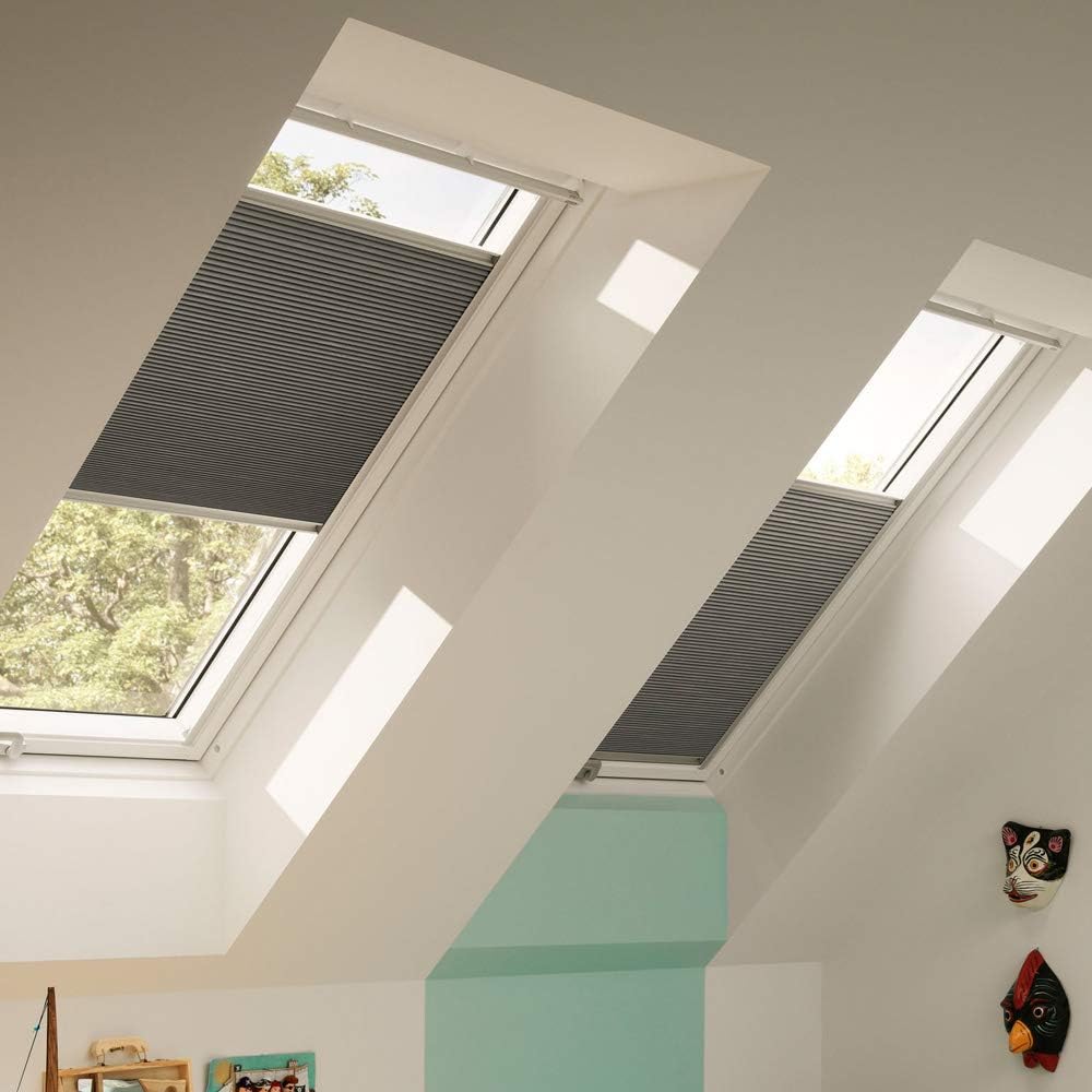 Original VELUX Vorteils-Set ( Faltstore DuoLine + Hitzeschutz-Markise ) für GGL / GPL / GHL / GTL F06 in Stofffarbe 1047 / Uni Schwarz – Markise in 5060 schwarz, Seitenschienen in Silber / FOP F06 1047S