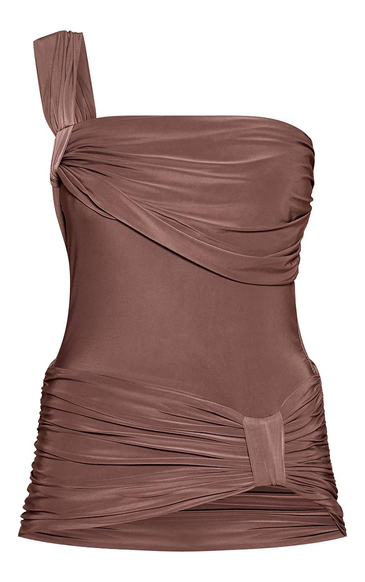 Taupe Top Asymétrique Taupe À Bretelles Drapées Effet Satiné