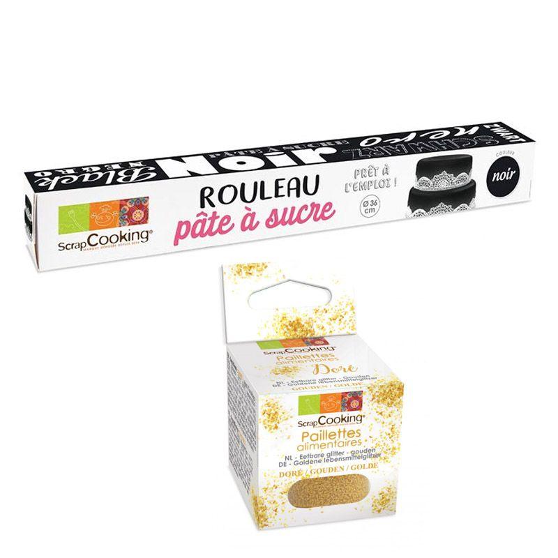 Pâte à sucre en rouleau Ø 36 cm noir + paillettes dorées Scrapcooking