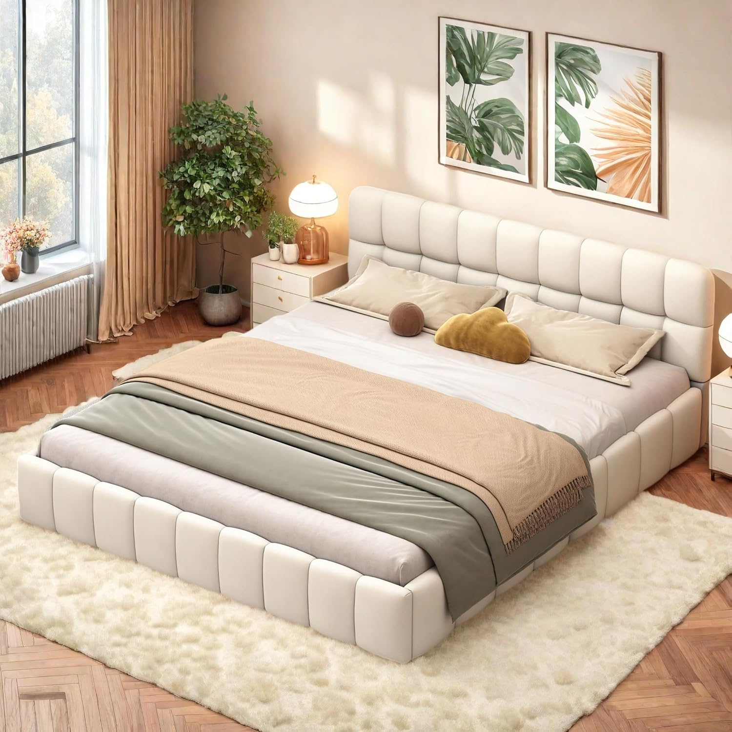Polsterbett Bubble Bett 140x200 cm, Doppelbett Mit Bettkasten, Jugendbett mit Gepolstertes Kopfteil, Gepolstertes Bett für Schlafzimmer und Gästezimmer, Leinenstoff, ohne Matratze (Beige, 140x200 cm)