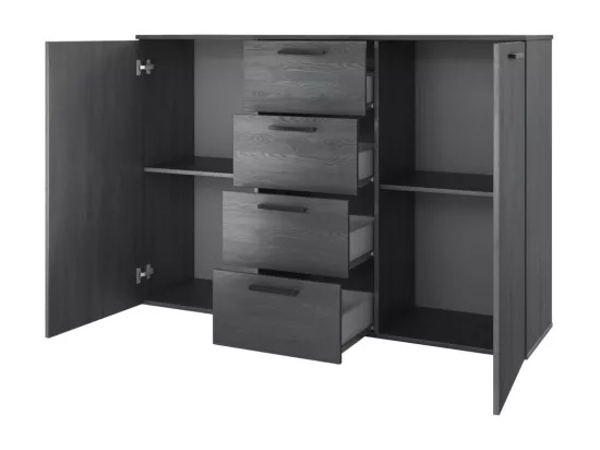 Chambre à coucher FLOYD : Armoire 200cm, Lit 180x200, commode, chevets. Coloris gris effet bois.