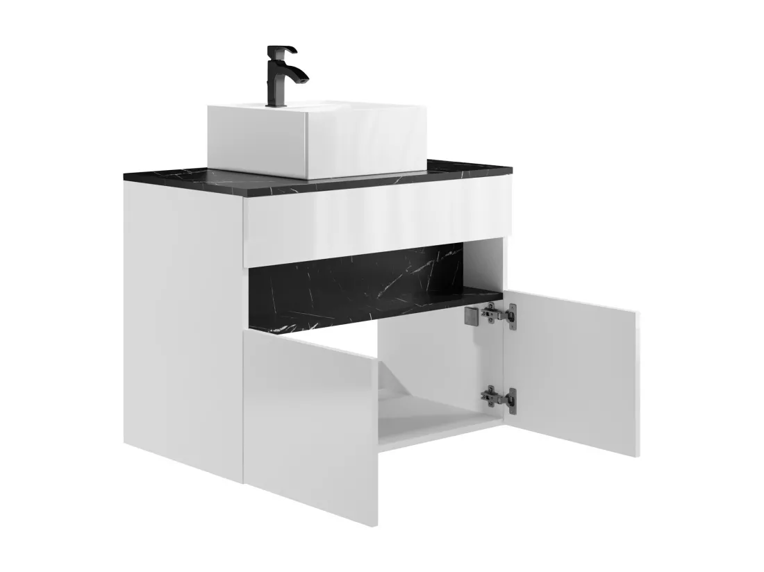 Meuble de salle de bain suspendu à LEDs avec vasque à poser - Blanc et noir effet marbre - L80 cm - POZEGA