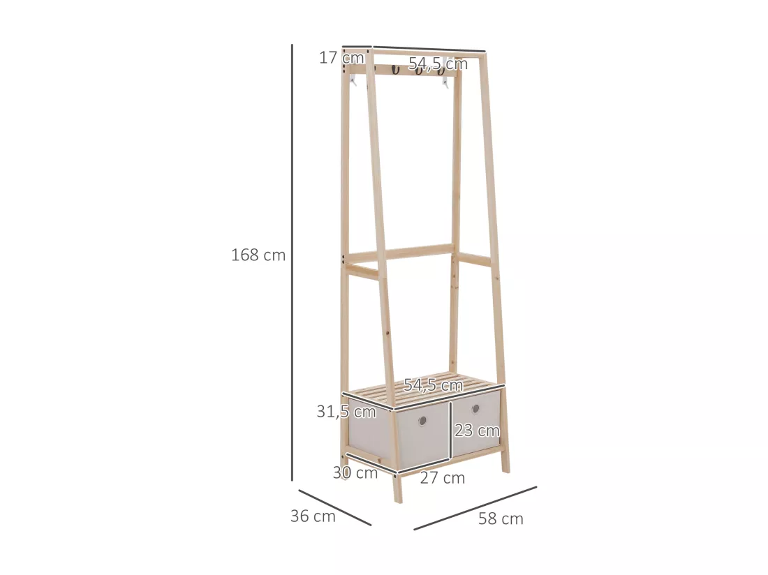 HOMCOM Vestiaire d'entrée porte-manteau 4 patères 2 tiroirs polyester gris clair 2 étagères bois de sapin