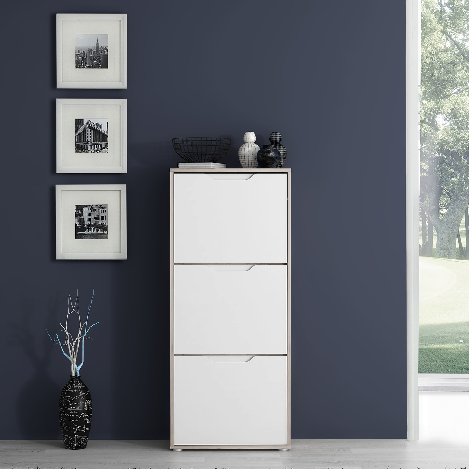 Schuhschrank - weiß Hochglanz-Sandeiche - 55 cm breit