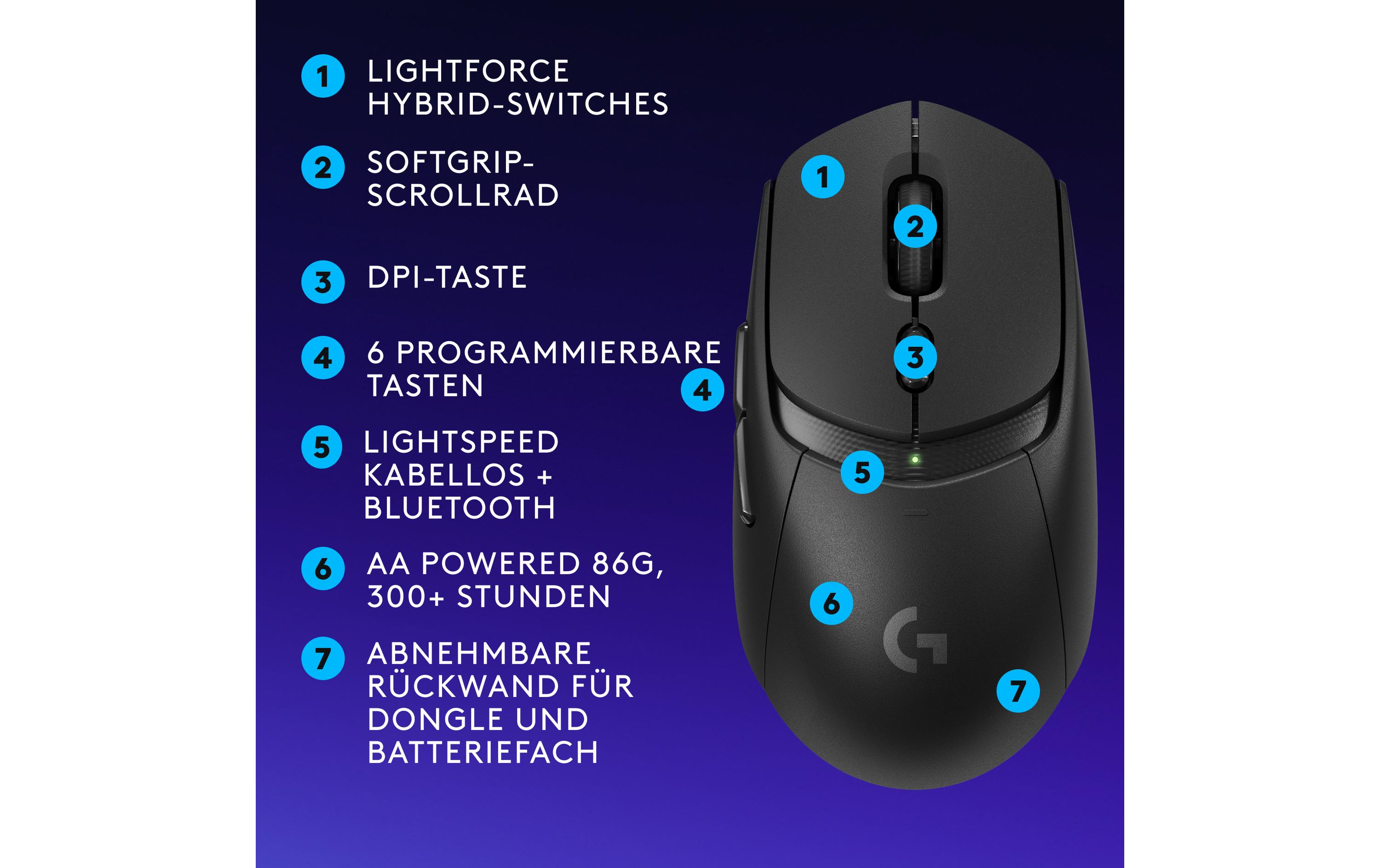 Gaming-Maus G309 Lightspeed SchwarzKabellose Gaming-Maus mit Lightspeed Wireless und Bluetooth Verbindung