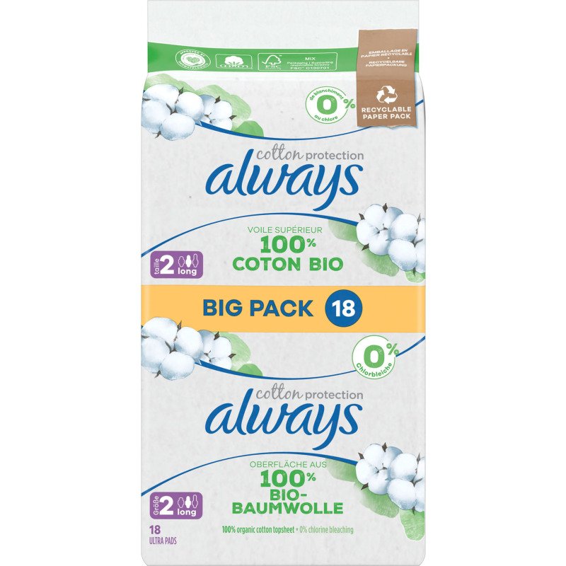 Serviettes hygiéniques long avec ailettes Cotton Bio Always