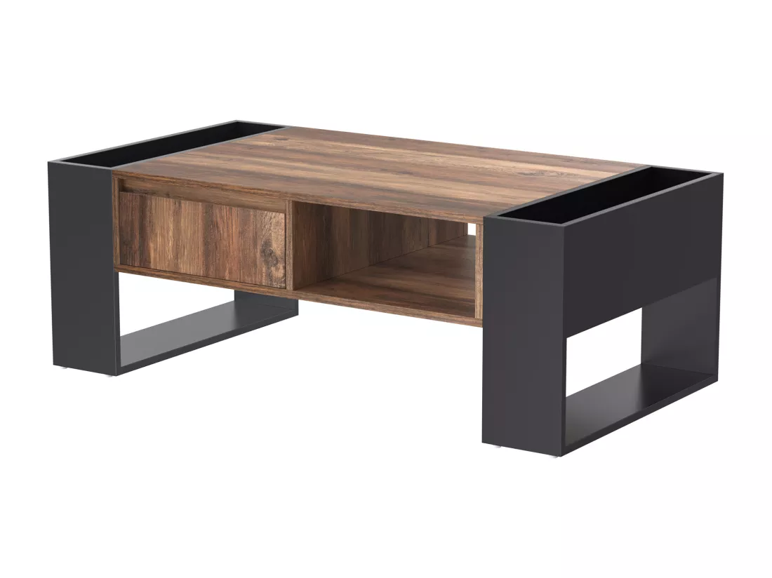 Table basse effet bois 1 tiroir niche ouvert et rangement des 2 côtés anthracite XUGZOIRS