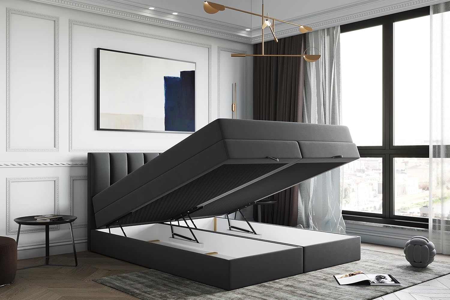 TRADA Boxspringbett mit Bettkästen und Matratze - Bett Gusto mit Topper aus Memory Visco - Dunkelgrau - 200 x 200 cm