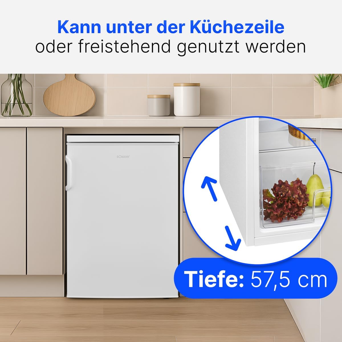 Bomann® Kühlschrank ohne Gefrierfach | Energieklasse D | 85cm | leise 39dB | 3 Ablagen | Türanschlag wechselbar | 133L | Kühlschrank klein mit Gemüsefach | Standardkühlschrank | VS 2195.1 weiß