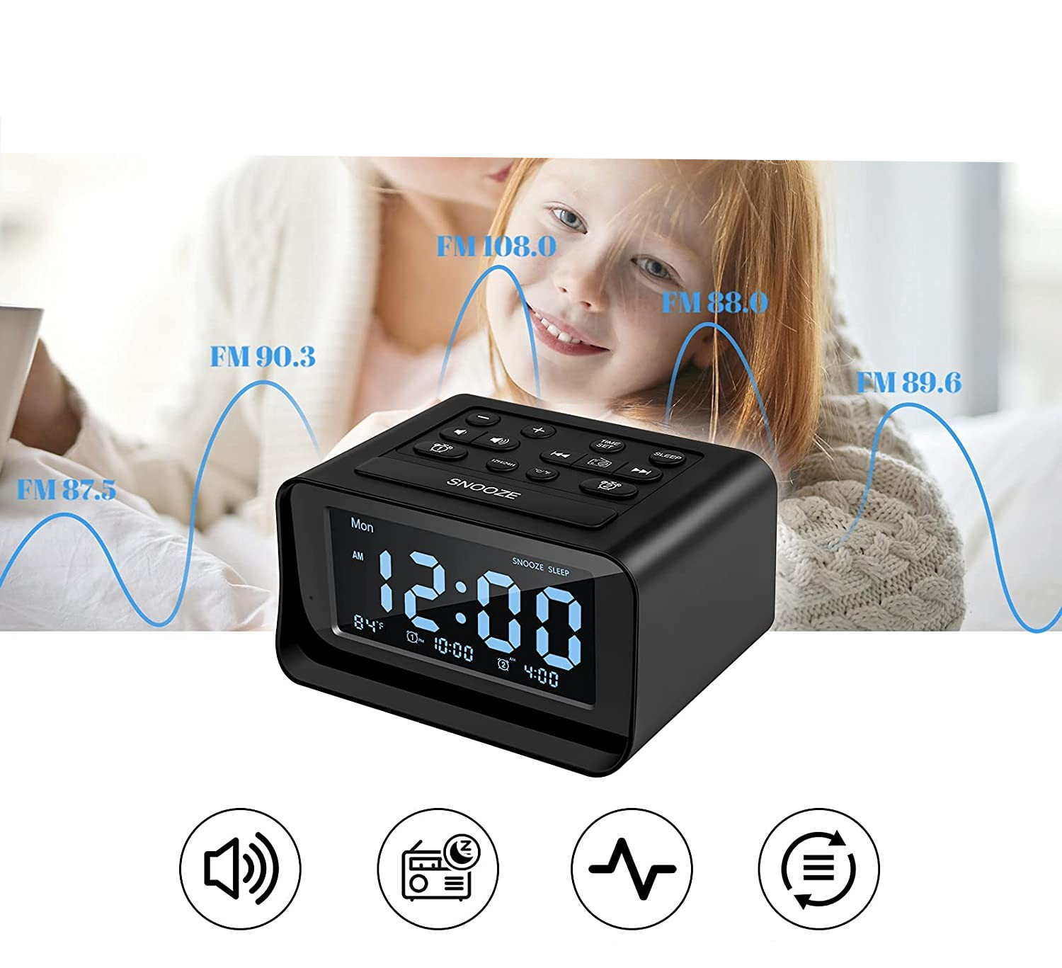 Digitaler LED Wecker mit FM Radio und Thermometer   Dual USB Ladeport / 3.5mm Klinke - Schwarz