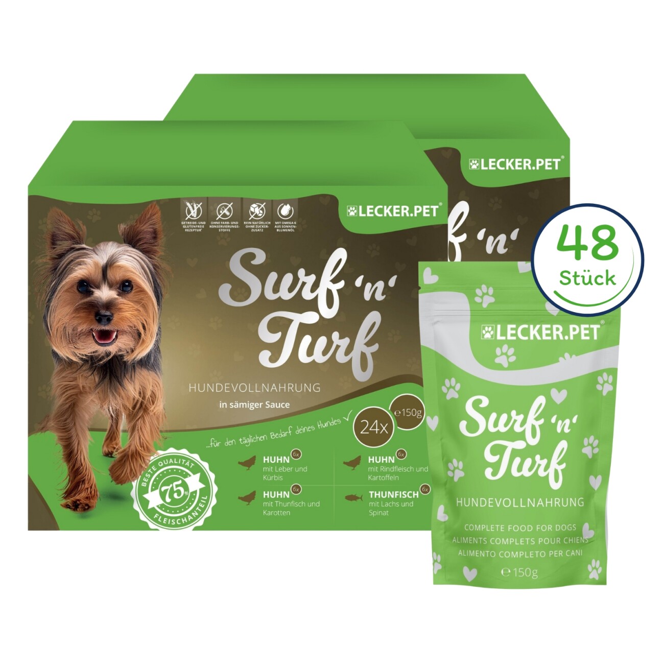 Lyra Pet Lecker.Pet Surf'n'Turf Pouches Hundefutter Nassfutter 4er Mix Multipack