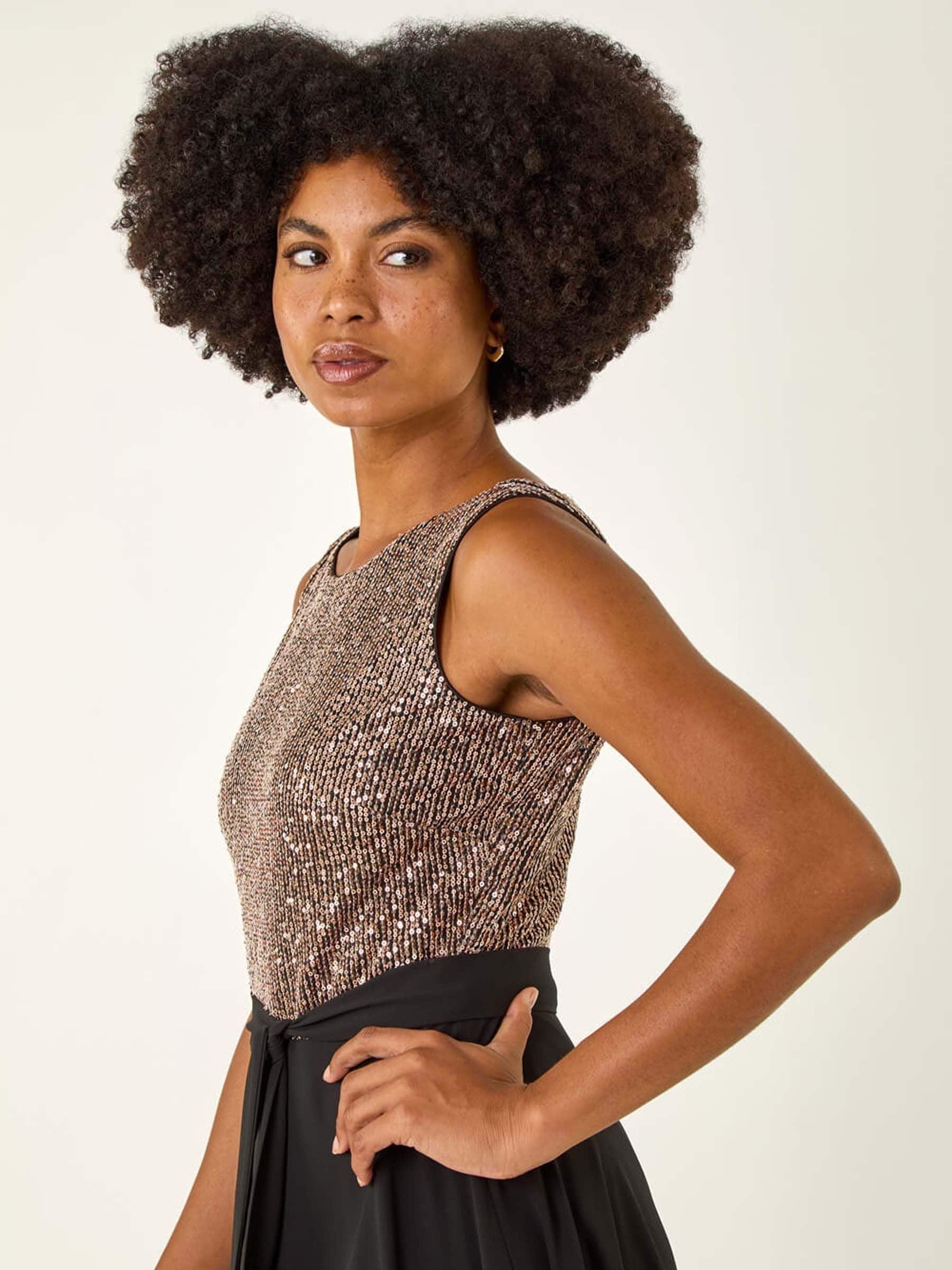 Metallic - Roman Sequin Bodice Belted Chiffon Dress