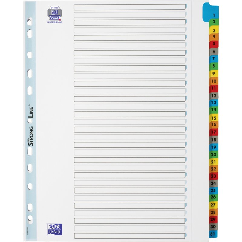 Intercalaire A4+ carte bristol blanche Oxford 31 onglets numériques multicolores - 1 jeu