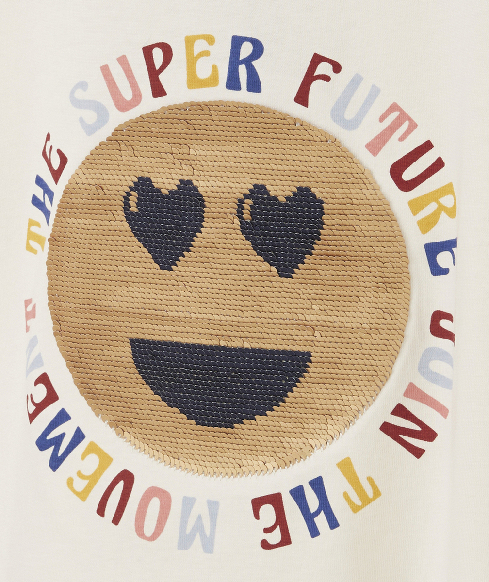 T-SHIRT FILLE EN COTON BIO ÉCRU AVEC SMILEY EN SEQUINS ET MESSAGE
