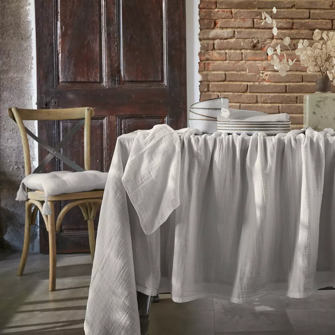 Nappe rectangulaire gaze de coton (150 x 350 cm) Gaïa Gris nuage