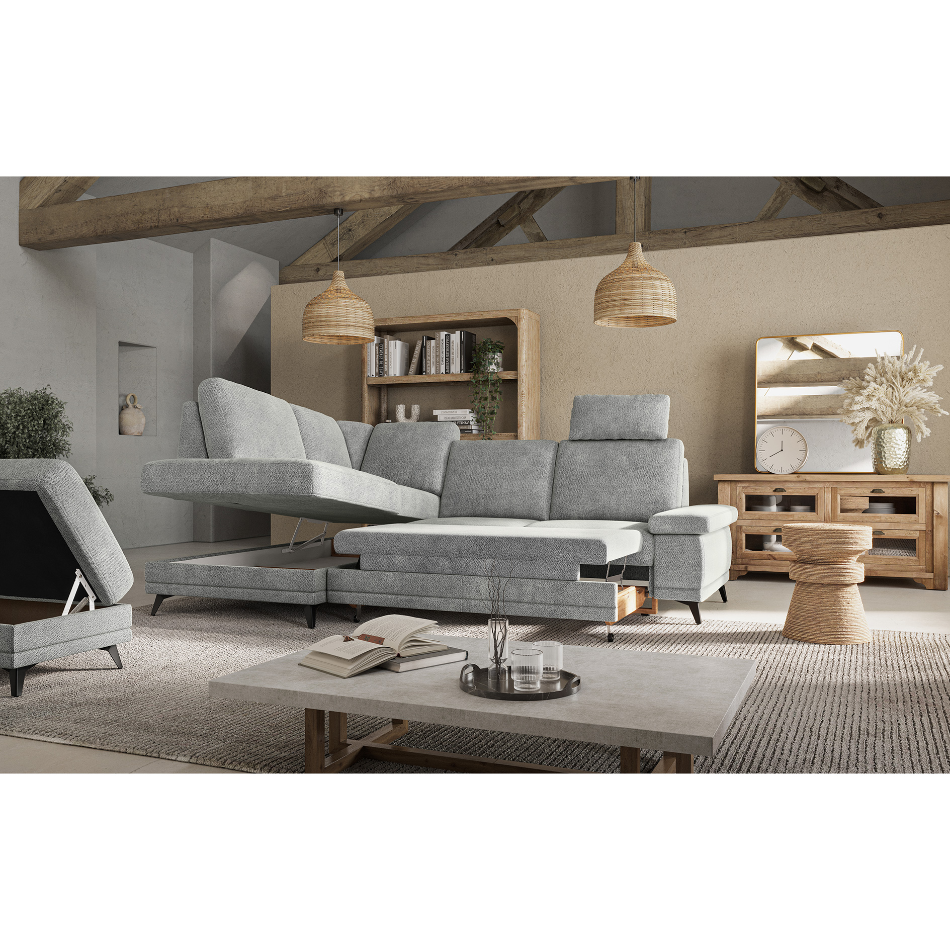 Ecksofa - platin - Liegefunktion und Bettkasten - Ottomane links