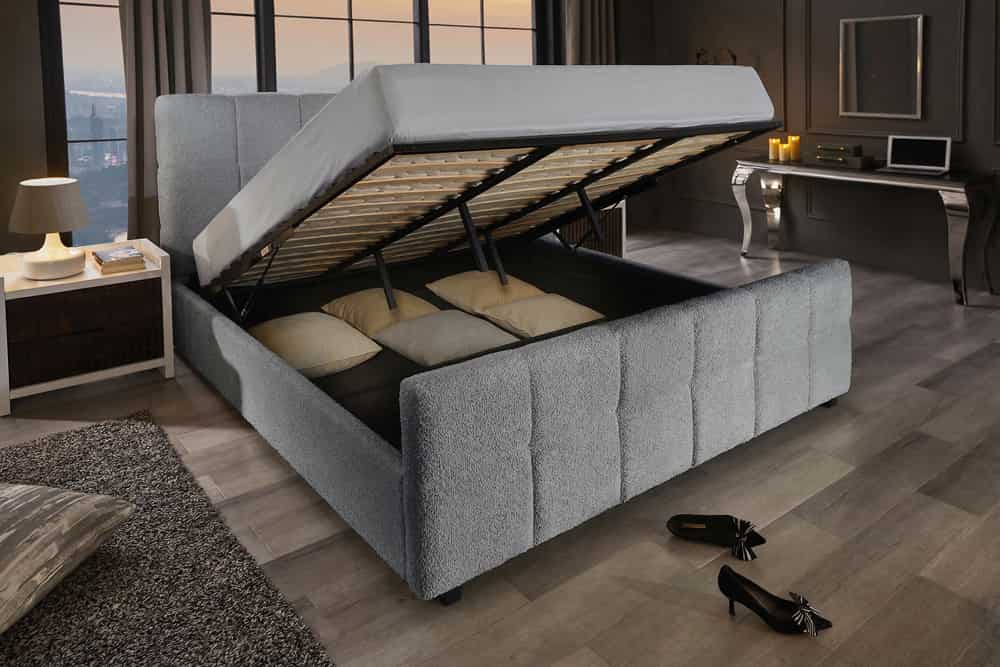 Modernes Boxbett PRESTIGE 180x200cm grau Bouclé mit Stauraum und Lattenrost