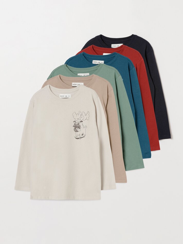 Pacote com 6 camisetas de manga comprida estampadas - Azul Médio