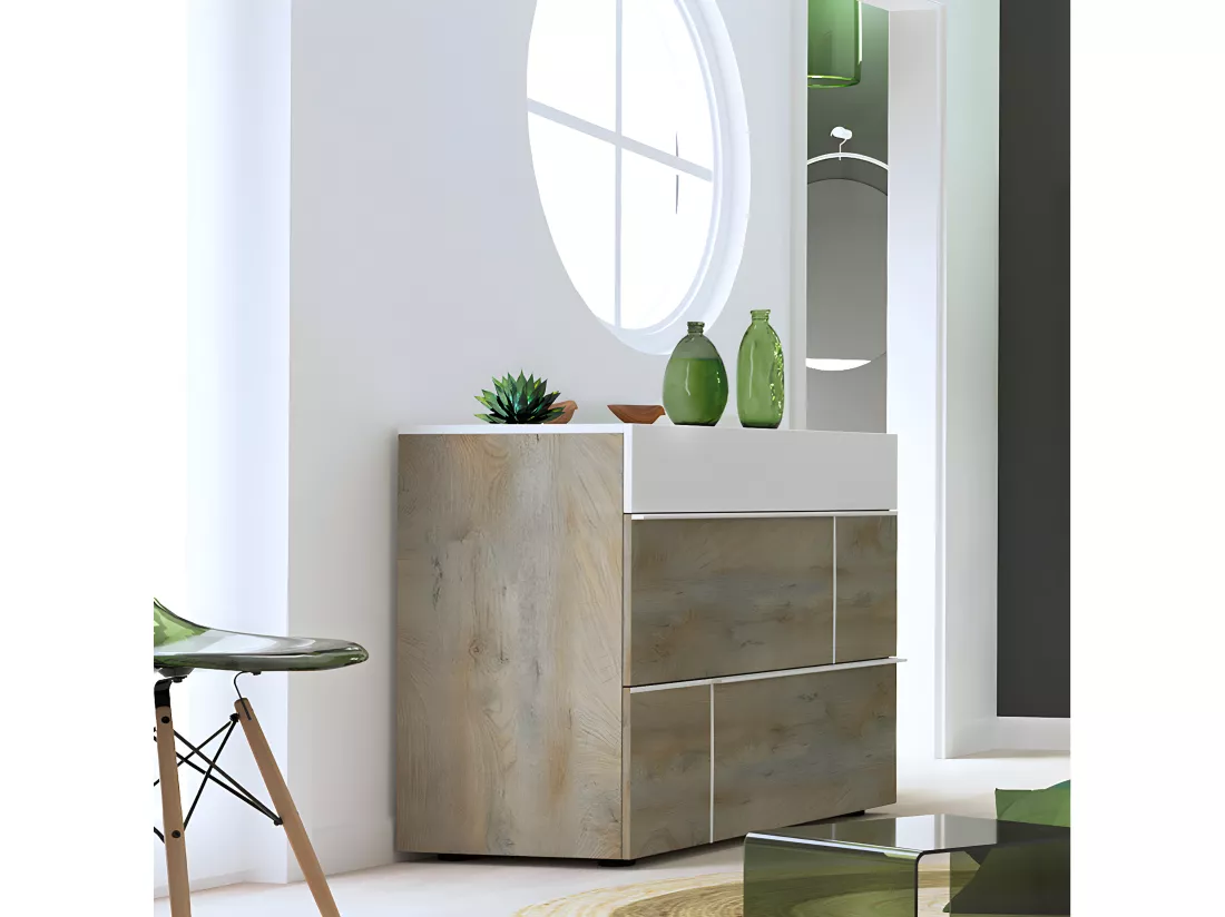 NINO LIGHT - Lit 160x200cm avec Leds et Chevets Suspendus + Commode