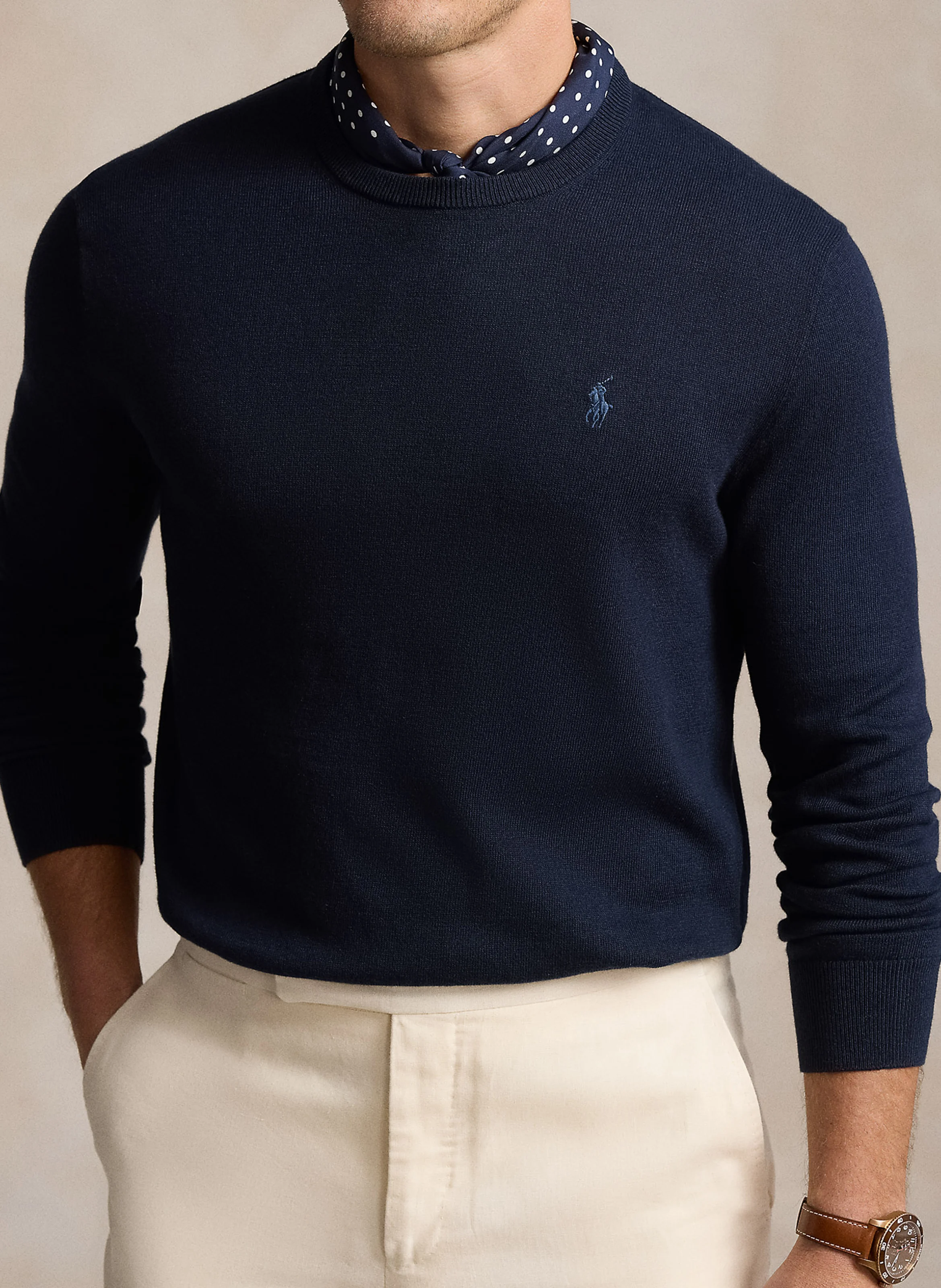 Pull col rond logo brodé en coton mélangé | Bleu