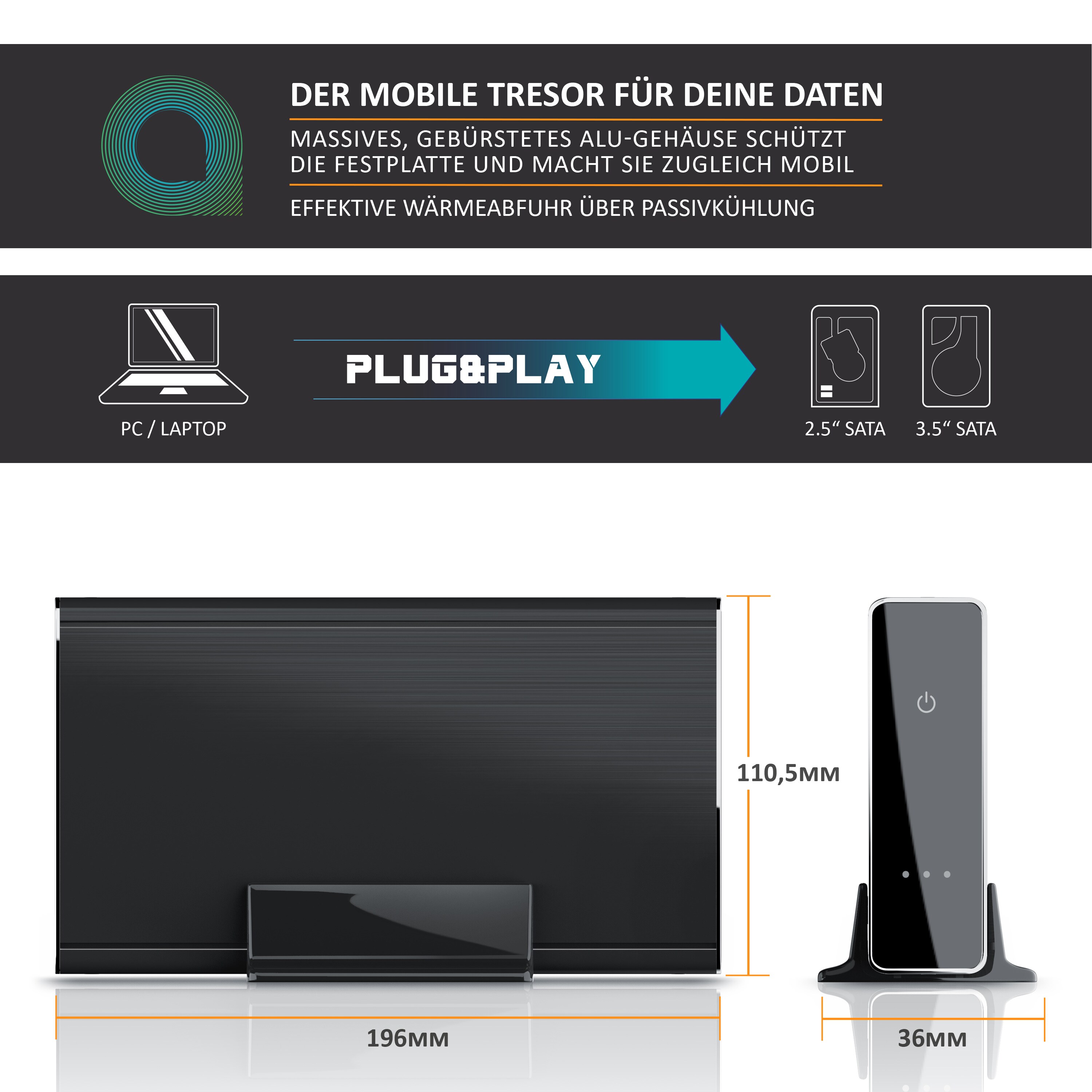 Aplic USB 3.0 Festplattengehäuse 3,5 Zoll extern - gebürstetes Aluminium - für SSD und HDD - SATA - UASP - Super Speed 5 Gbit s - Plug and Play