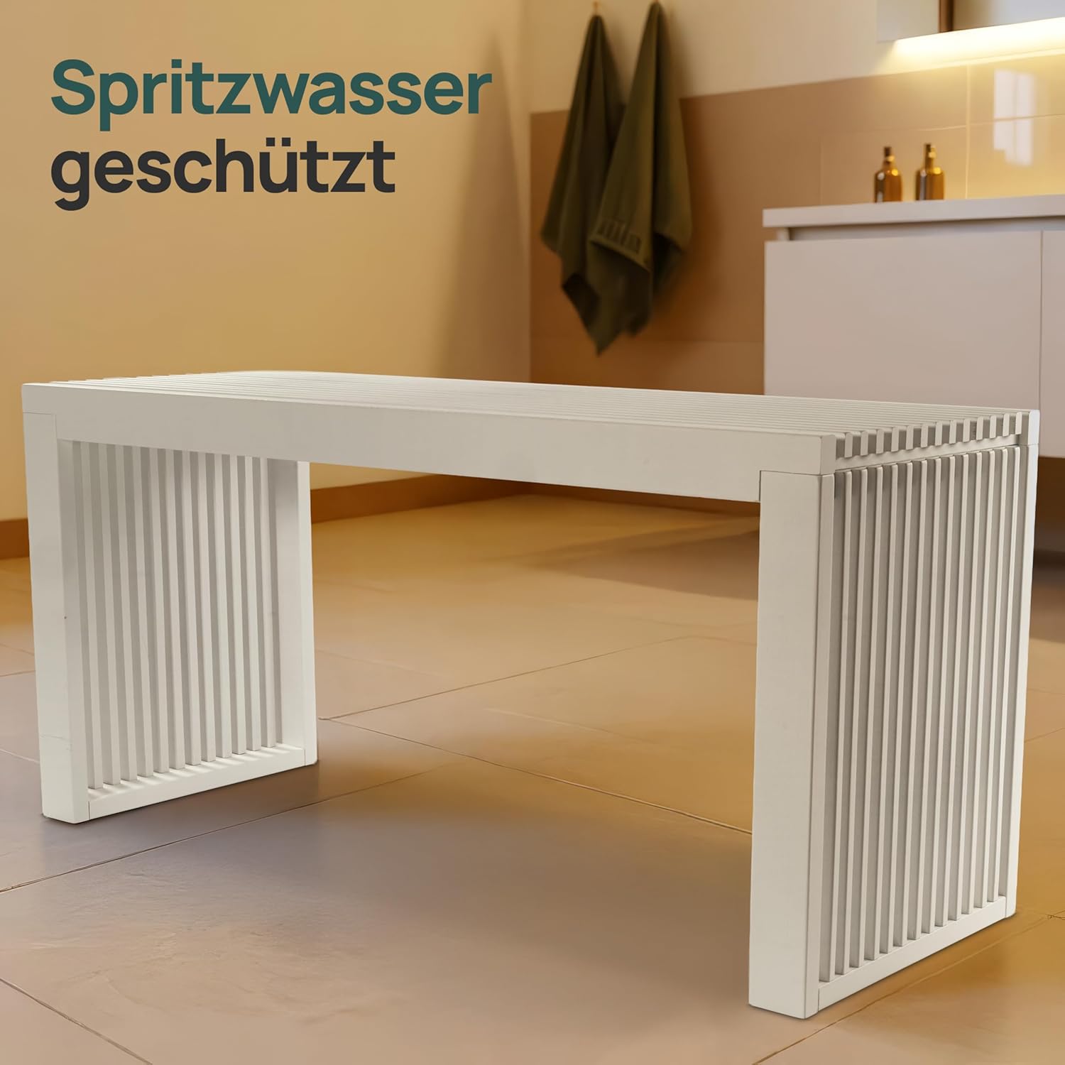 Sitzbank aus Bambus Weiß – stabile Holzbank ohne Lehne für Flur, Bad, Küche, Esszimmer oder Schlafzimmer – kleine Sitzbank Holz 90x33x43 cm – bis 250kg belastbar