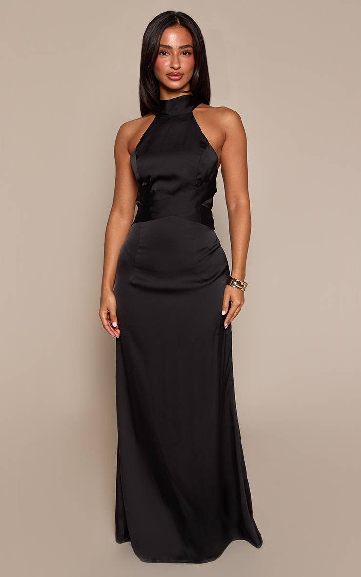 Noir Robe Longue Satinée Petite Taille À Dos Croisé Drapé
