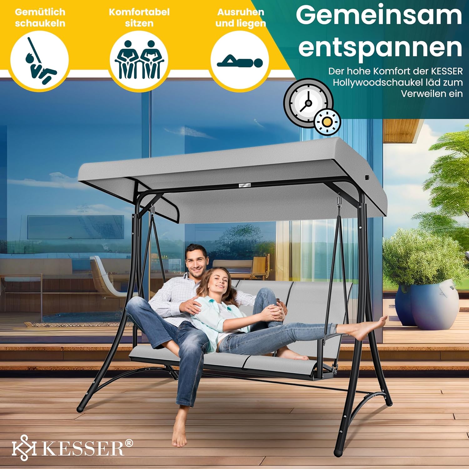 KESSER® Hollywoodschaukel mit Sonnendach 3-Sitzer | Gartenschaukel bis 300kg belastbar | Gartenliege mit Anti-Rutsch-Füßen | Schaukelbank wasserabweisend Outdoor & Indoor (Hellgrau)