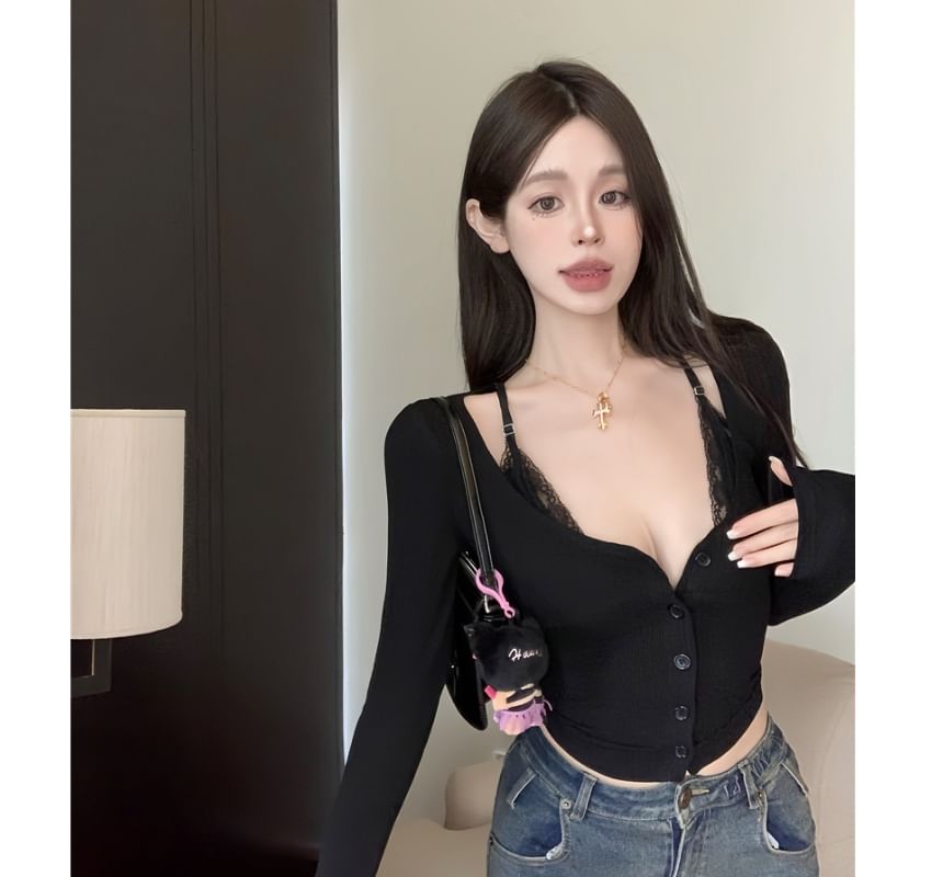 Letme - Lange mouwen ronde hals knoopsluiting effen crop top