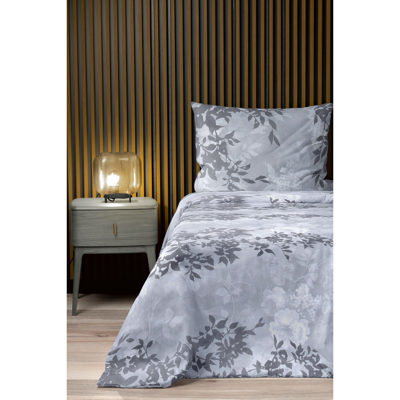 Bettwäsche Satin Zweige hellgrau 160x210 65x100 Bettanzug Nord