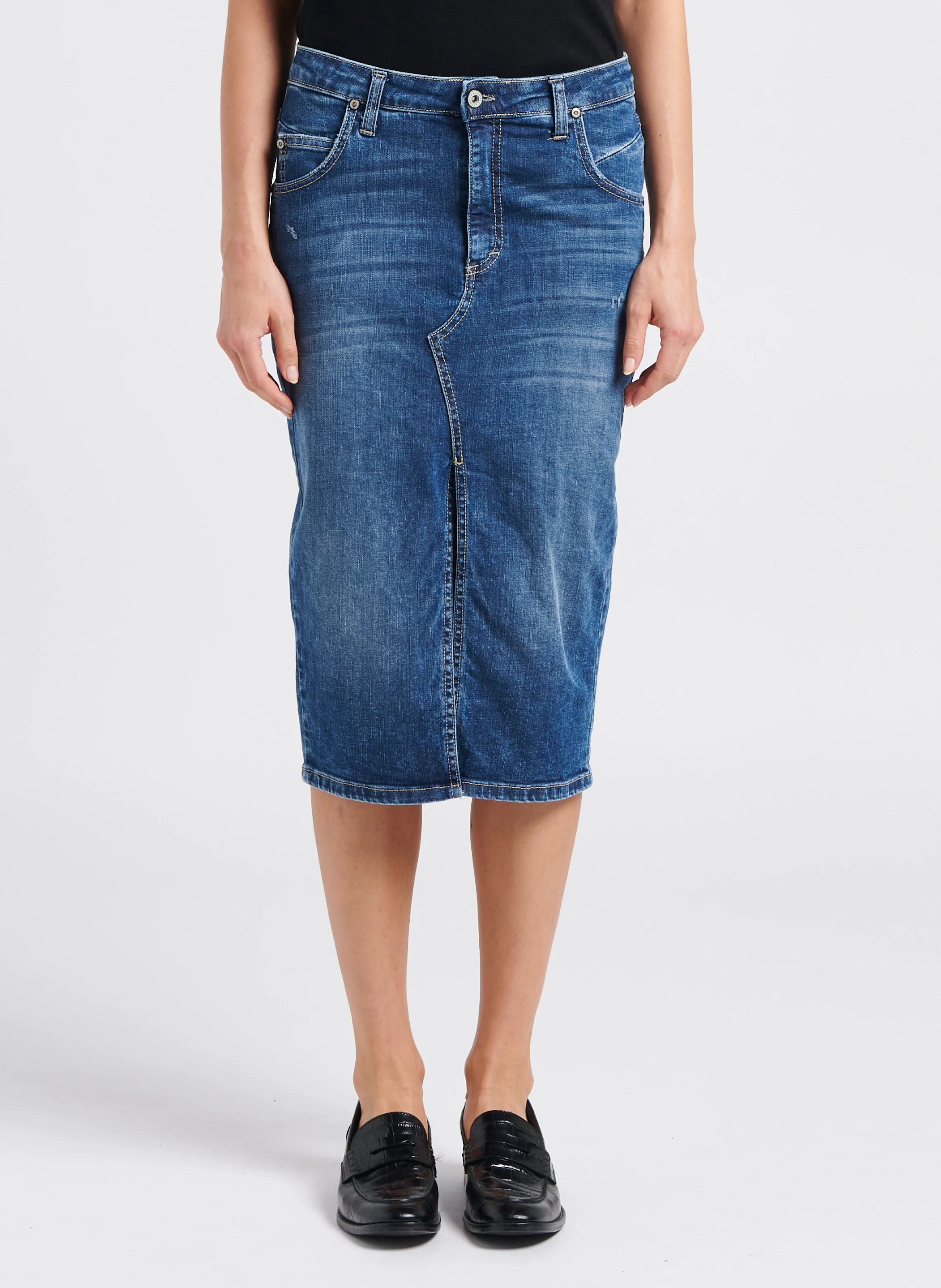 Jupe midi jean fendu à l'avant en coton| Bleu