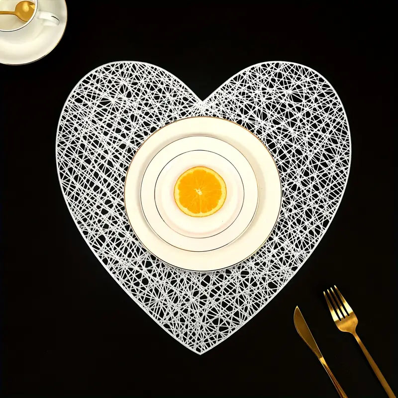 (2er Set) 39x38.5cm Herz Tischunterlage Abwaschbare Teller Untersetzer Tischset - Silber